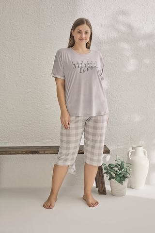 Estiva Kadın More Yazılı Kısa Kollu Kaprili Büyük Beden Yazlık Viskon Pijama Takımı - Gri Çok Renkli