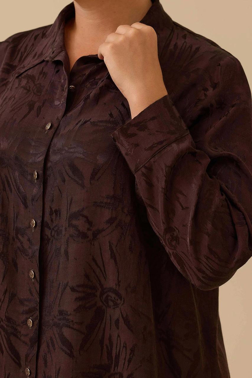 Galaxi Kadın Büyük Beden Çiçek Desenli Jakar Gömlek 4018 Kahverengi Kahverengi