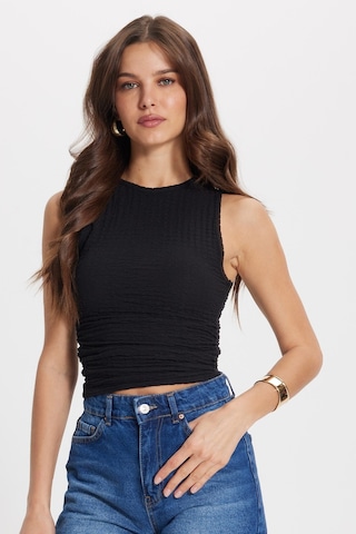 Tudors Kadın Slim Fit Dar Kesim Bürümcük Kumaş Likralı Siyah Askılı Bluz-50873
