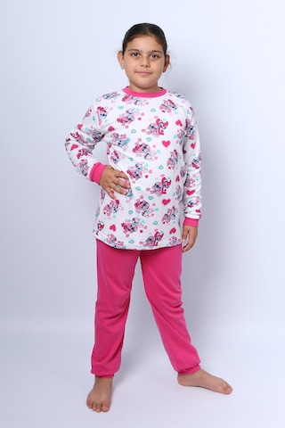 Kız Çocuk Pijama Takımı Baskılı Ribanalı C50 Koyupembe