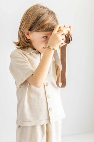 Oliven The Kid Oliventhekid Bej Keten Önden Düğmeli Cepli Kısa Kol Erkek Çocuk Gömlek Bej Bej