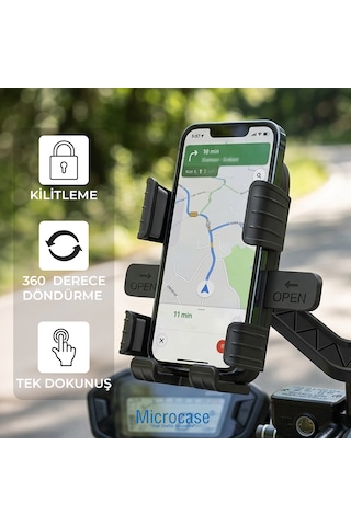 Microcase Motosiklet Telefon Tutucu - Ayna Bağlantılı, 360 Dönebilen Tek Tık Kilitlemeli Sarsıntı Önleyici - Al5743 Siyah