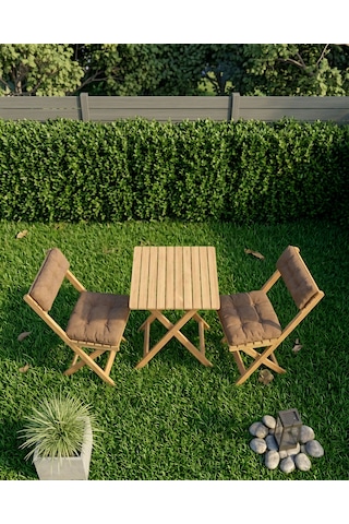 Duo Balkon Bahçe Mutfak Katlanır Masa Bej Rengi Minderli Sandalye Bistro Set Kahverengi
