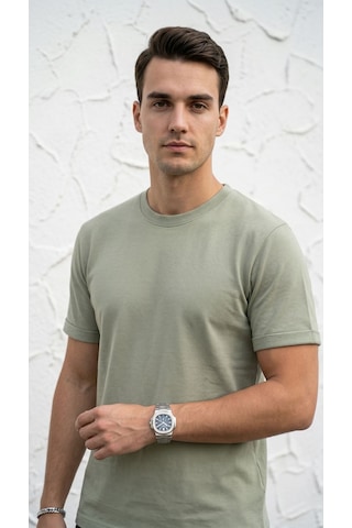 Plus Scorpion T02 Kol Katlama Erkek Slim Fit Basic Tişört Bisiklet Yaka, Düz Kumaş, Yazlık Model Çağla