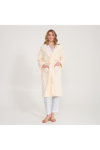 Uzun Welsoft Kapüşonlu Kadın Sabahlık Ekru
