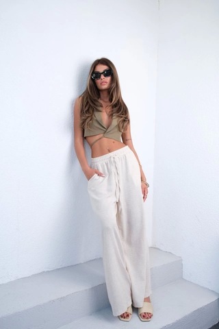 Defymoda Aksesuar Detay Keten Pantolon Bej