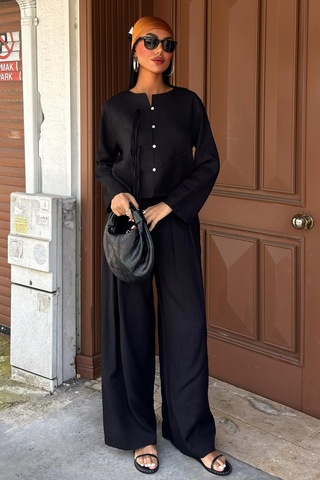 WeShaya Kadın Siyah Keten Oversize İkili Takım Siyah