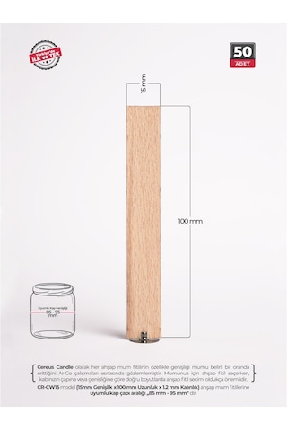 Ahşap Mum Fitili 15 Mm Genişlik Kalın Mumlar İçin, Nikel Kaplama Çelik Taban, 3m Köpük Bantlı, 50 Li Set Cereus Ahşap
