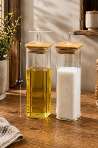 Porsima Cubes 2'li Bambu Kapaklı Borosilikat Cam Yağlık Ve Saklama Kabı Seti 525 Ml 9x18 Cm Cam Şeffaf