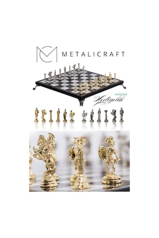 Mc42 Antik Roma Metal Satranç Takımı - Mermer Desenli 25cm Tahta El Yapımı Taşlar