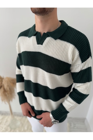 Say-Has Fashion Rahat Kalıp Erkek Polo Yaka Çizgili Triko Kazak Koyu Yeşil