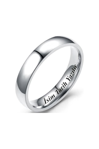Kişiye Özel İsim Yazılı 4mm Bombeli Parlak Erkek Kadın Çelik Alyans Yüzük Cl18ko Beyaz