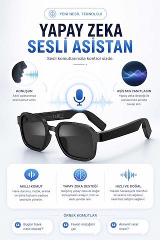 Akıllı Güneş Gözlüğü Yapay Zeka Sesli Asistan Uv400 Koruma Su Geçirmez Siyah