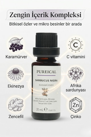 Pureıcal Sambucus Nigra Karamürver Pelargonium Ekinezya Zencefil C Vitamini Çinko 20 Ml