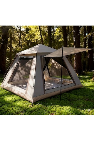 Tam Otomatik Tenteli 4-5 Kişilik Kamp Çadırı 240x240x155 Cm Krem