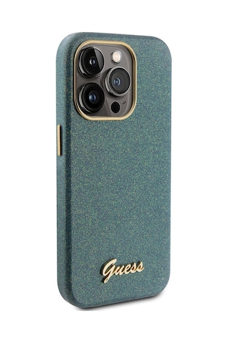 Apple Uyumlu iPhone 15 Pro Max Kılıf Guess Lisanslı Yazı Logolu Glitter Glossy Script Kapak Lila