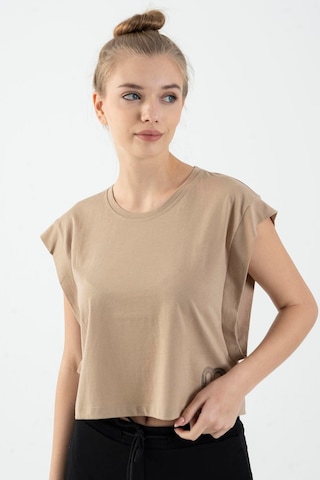 Maraton Regular Kadın Bisiklet Yaka Açık Vizon Crop Top Vizon