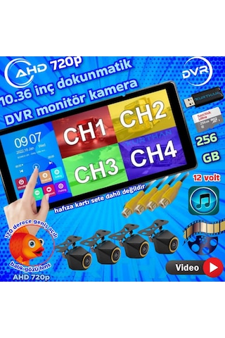 Balık Gözü 4 Adet Ahd 720p 170'' Kamera Ve Dokunmatik 10.36'' Video Müzik Dvr Ekran 12 V 256 Gb