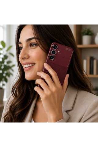 Samsung Galaxy S26 Fe Uyumlu Kılıf Karbon Tasarım Kamera Korumalı Silikon Telefon Kılıfı Kapak Bordo