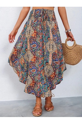 Kadın Beli Lastikli Bağcıklı Asimetrik Kesim Detaylı Desenli Bürümcük Etek Desenli