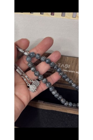 Doğal Obsidyen Taşı Tesbih 33 Lü Gümüş Renk İmameli Doğal Taş