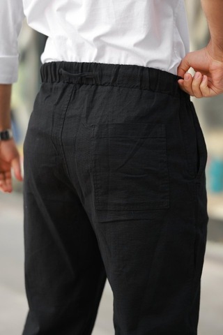 Erkek Beli Lastikli Keten Rahat Pantolon Siyah
