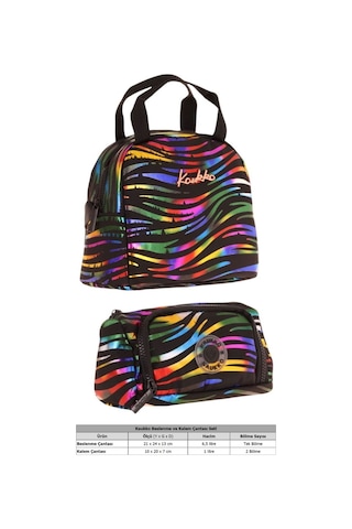 Kaukko Shine Zebra Desenli Siyah Çok Renkli Kız Çocuk Beslenme Çantası Ve Kalem Çantası Seti Siyah