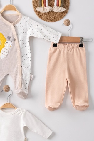Veraura Lifestyle Kelebek Nakışlı Tulumlu % 100 Pamuk Erkek Bebek 5'li Set Kahverengi 0-3 Ay
