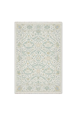 Saçaklı Salon Halısı Krem Mint Osmanlı Floral Desenli Th-3039 Krem - Mavi - Yeşil - Altın