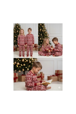 Hvç Hvc Çocuk Noel Yılbaşı Pijama Takımı Unisex Kırmızı / Yılbaşı Desenli