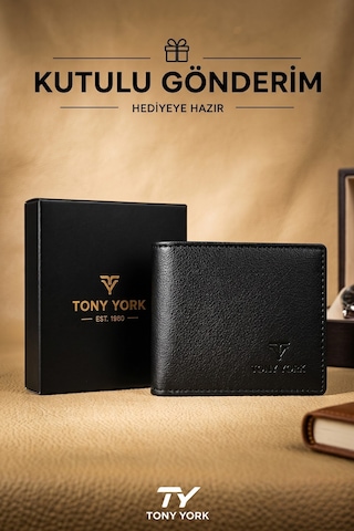 Tony York Orijinal Erkek Özel Kutulu Klasik Cüzdan Lüks Yumuşak Deri Kartlık & Para Bölmeli Kartlıklı Cüzdan siyah