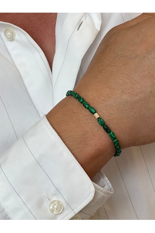 14 Ayar Altın Burgu Altın Detaylı Doğal Malahit Taşlı Tasarım Altın Bileklik Altın