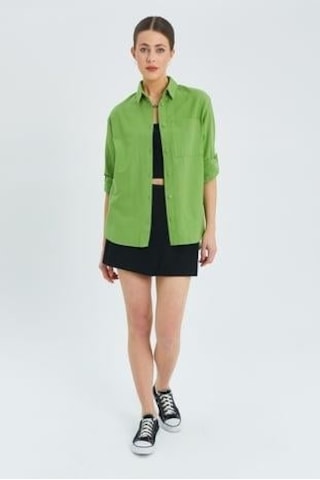 Mixray 9942 Kadın Oxford Uzun Kol Basic Gömlek Fıstık Yeşili