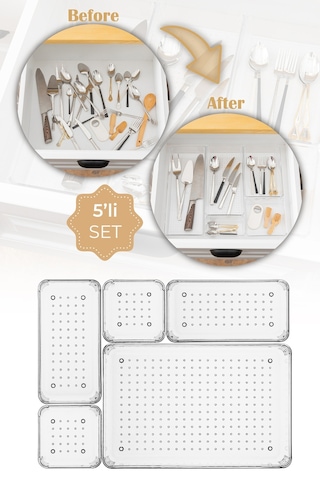 Vienev 5li Şeffaf Çekmece Içi Düzenleyici Organizer 1x O.dkdrtgn 2x K.dkdrtgn, K.kare