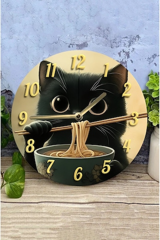 Noodlecat Sevimli Siyah Kedili 3d Görünümlü Mdf Duvar Saati Sdw228 Renkli