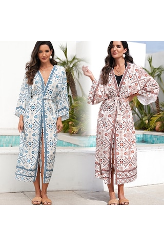 Kadınlar Plaj Tatili Baskılı Şal Bikini Güneş Korumalı Pareo Mavi