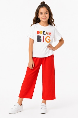 Genel Markalar Luniva Butik Dream Big Baskılı Kız Çocuk Fırfır Kollu Tişört Ve Bol Paça Pantolon 2'li Takım Kırmızı