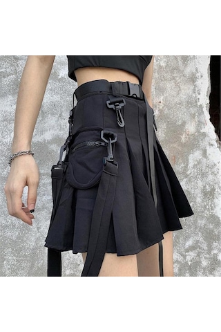 Yüksek Bel Kadın Mini Etek Punk Tarzı Cep Kadın Eteği Yaz Streetweed Kadın Pilili Etek Siyah