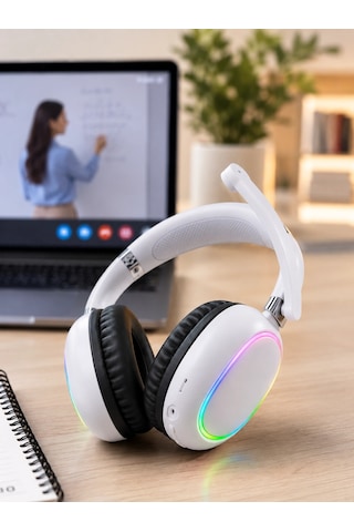 Kablosuz Bluetooth Mikrofonlu Beyaz Kulaklık Rgb Işıklı