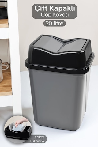 Çift Kapaklı Plastik Çöp Kovası - Ev Ofis Banyo Mutfak Çöp Kovası Gri 20 Litre Gri