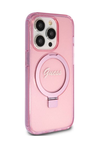 Apple Uyumlu iPhone 15 Pro Kılıf Guess Lisanslı Magsafe Özellikli Simli Ring Standlı