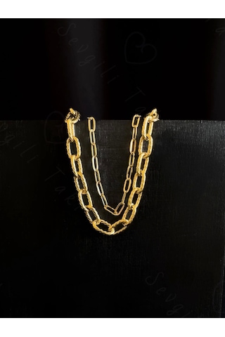 Sevgili Takı İkili Paperclip Ataş Gold Çelik Zincir Bileklik Metoo Serisi Gold