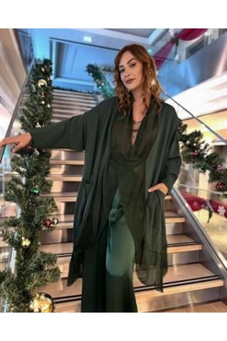 Bohem Stil Italyan Ipek Detaylı Oversize Kap Bluz- Wes Pantolon Takım-8789 Zümrüt Yeşili
