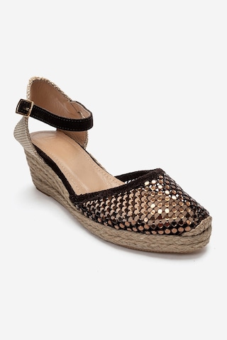 Luvi Shoes Drelıx Kahverengi Süet Hakiki Deri Taş Detaylı Fileli Kadın Dolgu Topuklu Sandalet