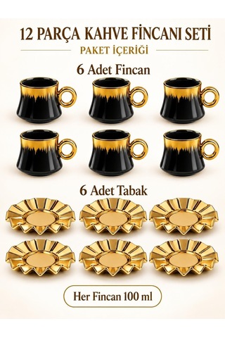 6 Kişilik 12 Parça Türk Kahvesi Fincan Seti 100 Ml Siyah Gold Detaylı Porselen Çok Renkli