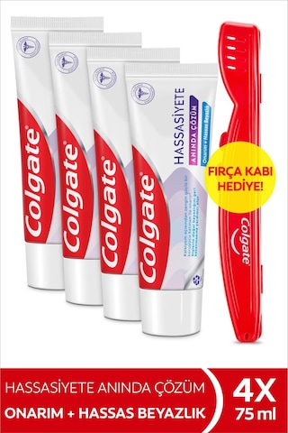 Colgate Hassasiyete Anında Çözüm Onarım ve Hassas Beyazlık Diş Macunu 75 ml X 4 Adet Fırça Kabı Hediye