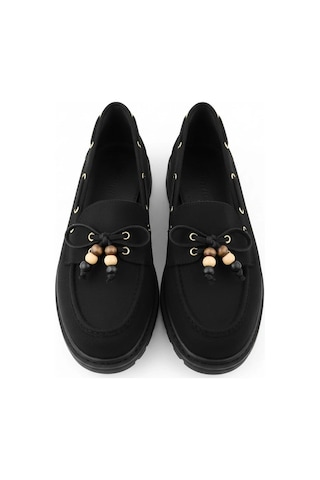 Efw Kadın Yüksek Kaymaz Taban Siyah Süet Boncuklu Bağcıklı Loafer Oxford Ayakkabı