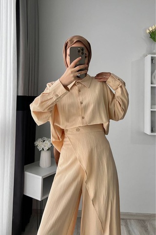 Neşeli Butik Kadın Tunik Pantolon İkili Tesettür Takım Nms052 Bej
