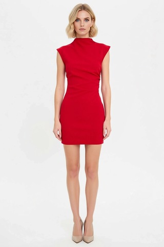 Benerly Kadın Kolsuz Dik Yaka Bodycon Mini Elbise Esnek Dokuma Astarsız K Kırmızı