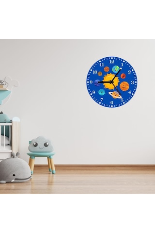 Güneş Sistemi Çocuk Odası Metal Duvar Saati 29x29 Cm - Eğitici Gezegenler Sessiz Akar Mekanizma Beyaz